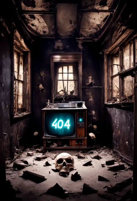 room in abandoned house, TV displays number '4 0 4' on the center of picture, bones and sculls on the floor, gothic, dark theme