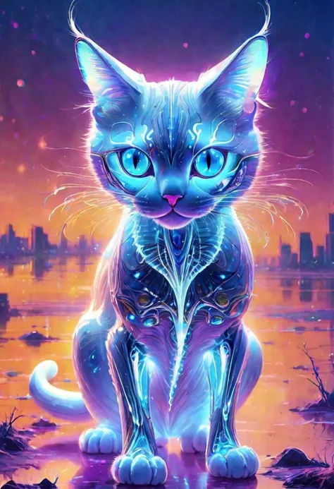 ASCIIstunning translucent cat phantom, bony futuristic cat alien, large blue luminescent eyes, translucent with skeletal tendrils and spikes, background opaque gossamer fractals, gradient shimmering white high clarity crystal, laser beam, diffuse reflection, sparkling, shining, cinematic, Depth Of Field, Low Lighting, Futuristic, Lisa Frank HR Giger,