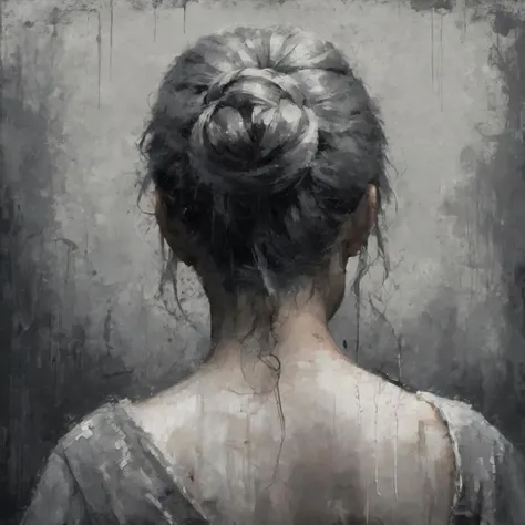 Fine delicate details. Painful numbing grief and sadness as seen from behind. gray Background with heavy texture.