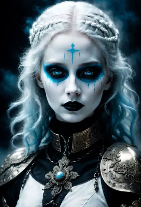 Portrait of Glory, she is a woman, creepy, white skin, the Apocalypse rider, Black grunge makeup, light blue eyes, close up shot, Rembrandt style, Roberto Ferri style, full shot, high contrast