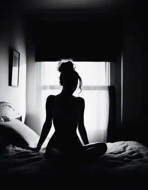 Deep photo, depth of field, ferrania p30 film, shadows, photo of a gorgeous girl sitting on top of a bed, Silhouette, messy bun hair, nighttime, underwear, sexy, dimly lit, b&w, smirk, instagram model, crushed blacks, dynamic pose