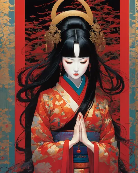 1 female demon praying
, tubes connected her back to the wall
beautiful
Geisha Inspired Makeup
long black hair
mechanical arms
red turtle neck tight
skulls
(color ink painting by Yoshitaka Amano Moebius, Victo Ngai Katsuya Terada, )