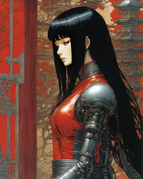 geisha cyborg
leaning forward, cleavage
red turtle neck tight suit
demon
rituals
cyborg with tubes connected her back to the wall
mechanical arms
beautiful
long black hair
skulls
(art by Gerald Brom Katsuya Terada, Frank Frazetta )