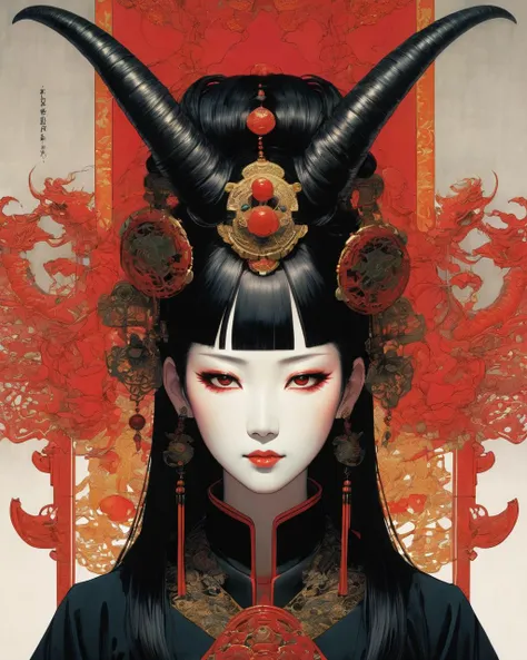 1 female demon praying
oni
horns
cyborg
 , tubes connected her back to the wall
beautiful 
long black hair
mechanical arms
red turtle neck tight
skulls Geisha Inspired Makeup
(color ink painting by  Yoshitaka Amano  Moebius, Victo Ngai	 Katsuya Terada,  )