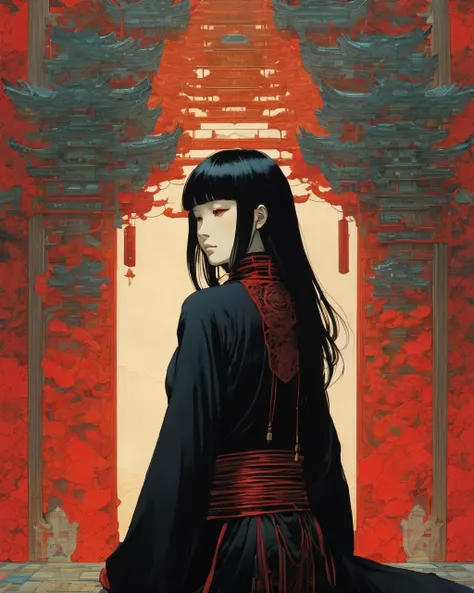 1 female demon praying
oni
horns
cyborg with tubes connected her back to the wall
mechanical arms
beautiful
long black hair
red turtle neck tight
skulls
Makeups
(color ink painting by Yoshitaka Amano Moebius, Victo Ngai Katsuya Terada, )