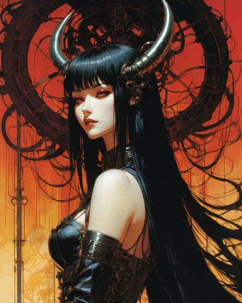 1 female  demon  licking her hands, seductive, horns
  (cyborg with tubes connected her back to the wall
demonic mechanical arms)
long black hair
 skulls 
( dynamic angle , perspective)
(color ink painting by Lois van Baarle Jason A. Engle Gerald Brom  Yoshitaka Amano Moebius, Victo Ngai Katsuya Terada,)