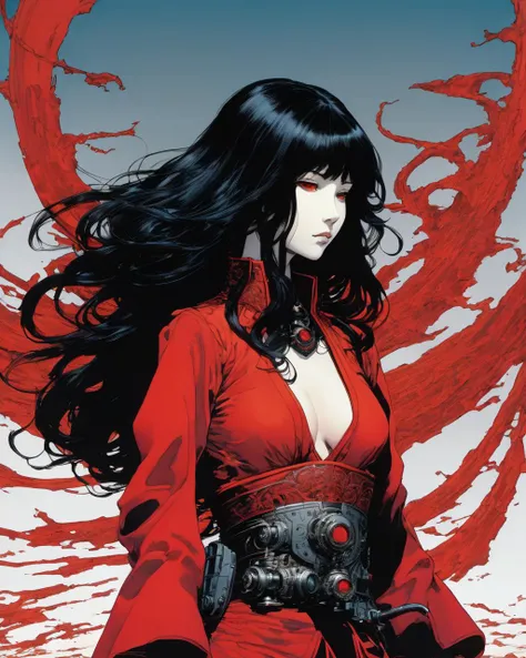 1 female demon, elegant, minimalism, negative space
mechanical arms
shadow
gradient color
red tight
black long hair
(ink, comic art by Katsuya Terada Mamoru Oshii enki bilal )