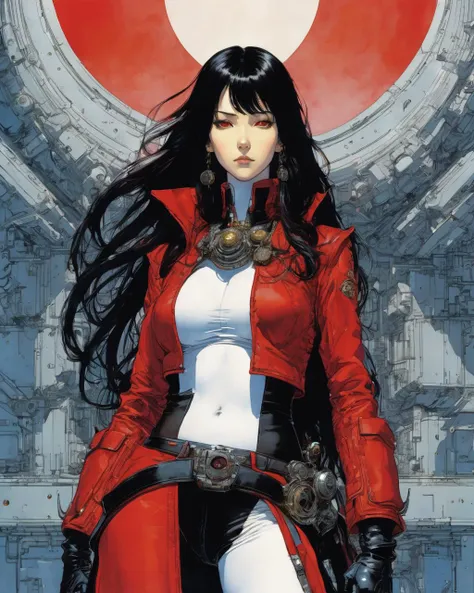 1 female demon, elegant, minimalism, negative space
mechanical arms
gradient color
red leather tight,
black long hair
(ink, comic art by Katsuya Terada Mamoru Oshii enki bilal )