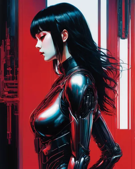 1 female  cyborg,  detailed hands 
mechanical arms 
 gradient color 
red leather tight, 
black long hair
side view 
(gradient color ink   art by   Yuumei Harumi Hironaka  H.R.Giger)