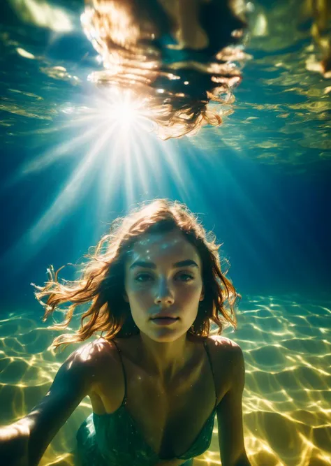 1girl
under water
cleavage
lens flare
shadow
sun light
rim light
(realistic, photo by   Ryan McGinley)