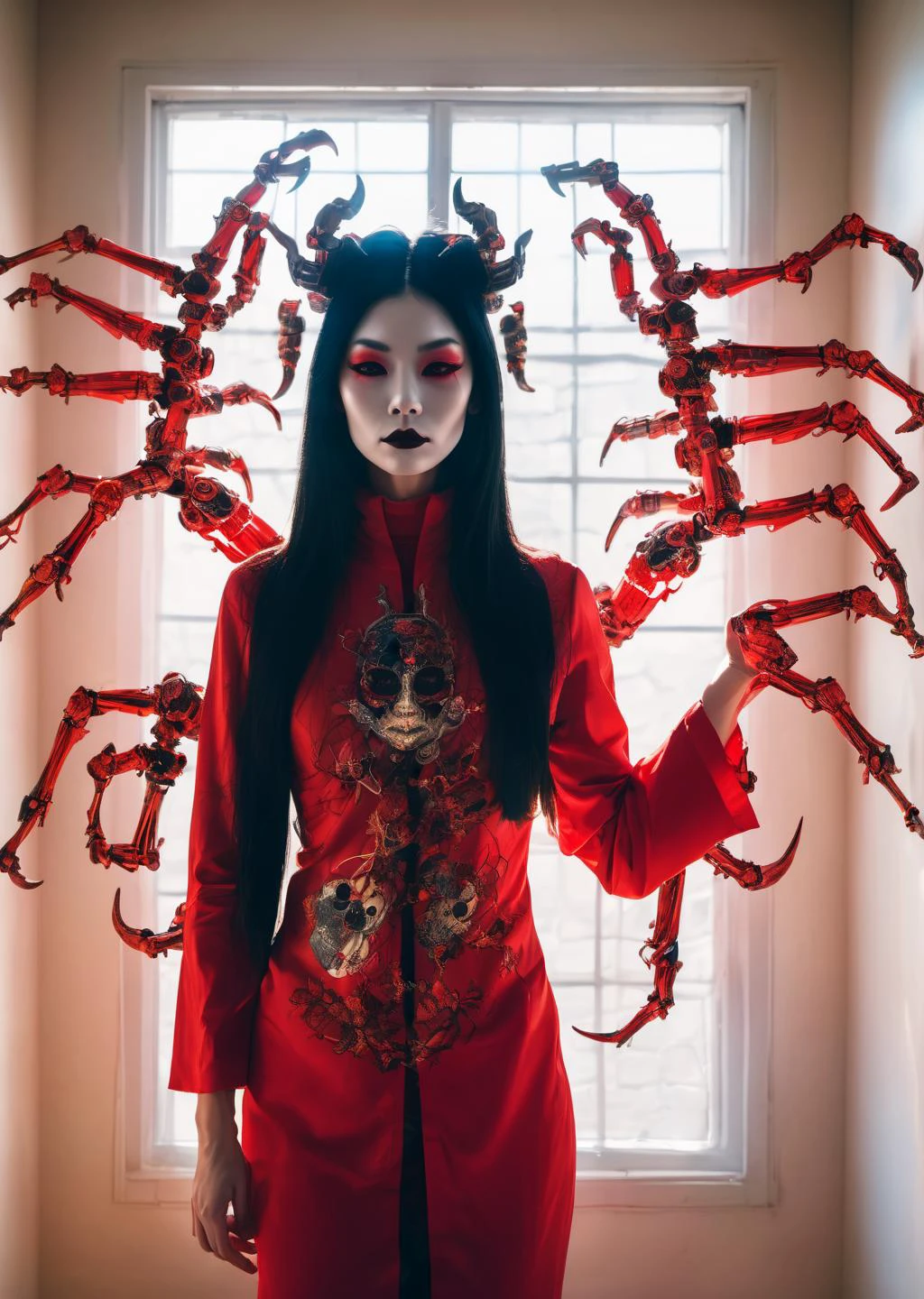 1 female demon tubes connected her back to the wall beautiful long black hair mechanical arms red turtleneck tight skulls Geisha Inspired Makeup
cleavage
lens flare
shadow
sun light
rim light
(realistic, photo by Ryan McGinley)