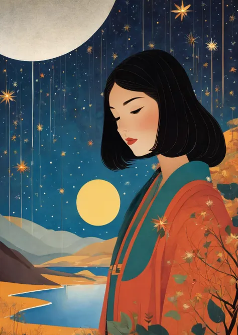 1girl
beautiful
closeup
surreal
night
milky way
dream-like, folklore, magic, orientalism, romanticism
(illustration by Charley Harper)