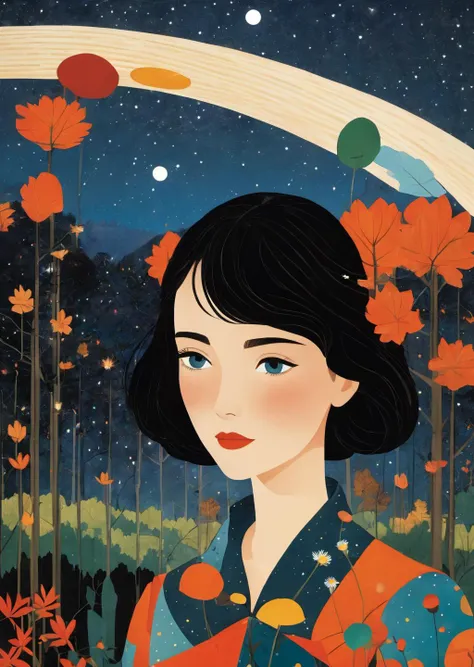 1girl
 beautiful  
closeup
surreal
night
milky way 
dream-like, folklore,   magic,, romanticism
(illustration by   Charley Harper)