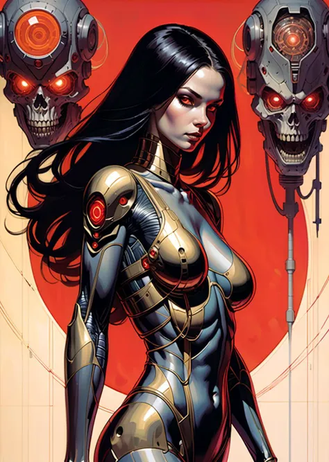 1 female cyborg leaning forward, cleavage red turtle neck tight suit demon rituals cyborg with tubes connected her back to the wall mechanical arms beautiful long black hair skulls
art by Gerald Brom Katsuya Terada, Frank Frazetta