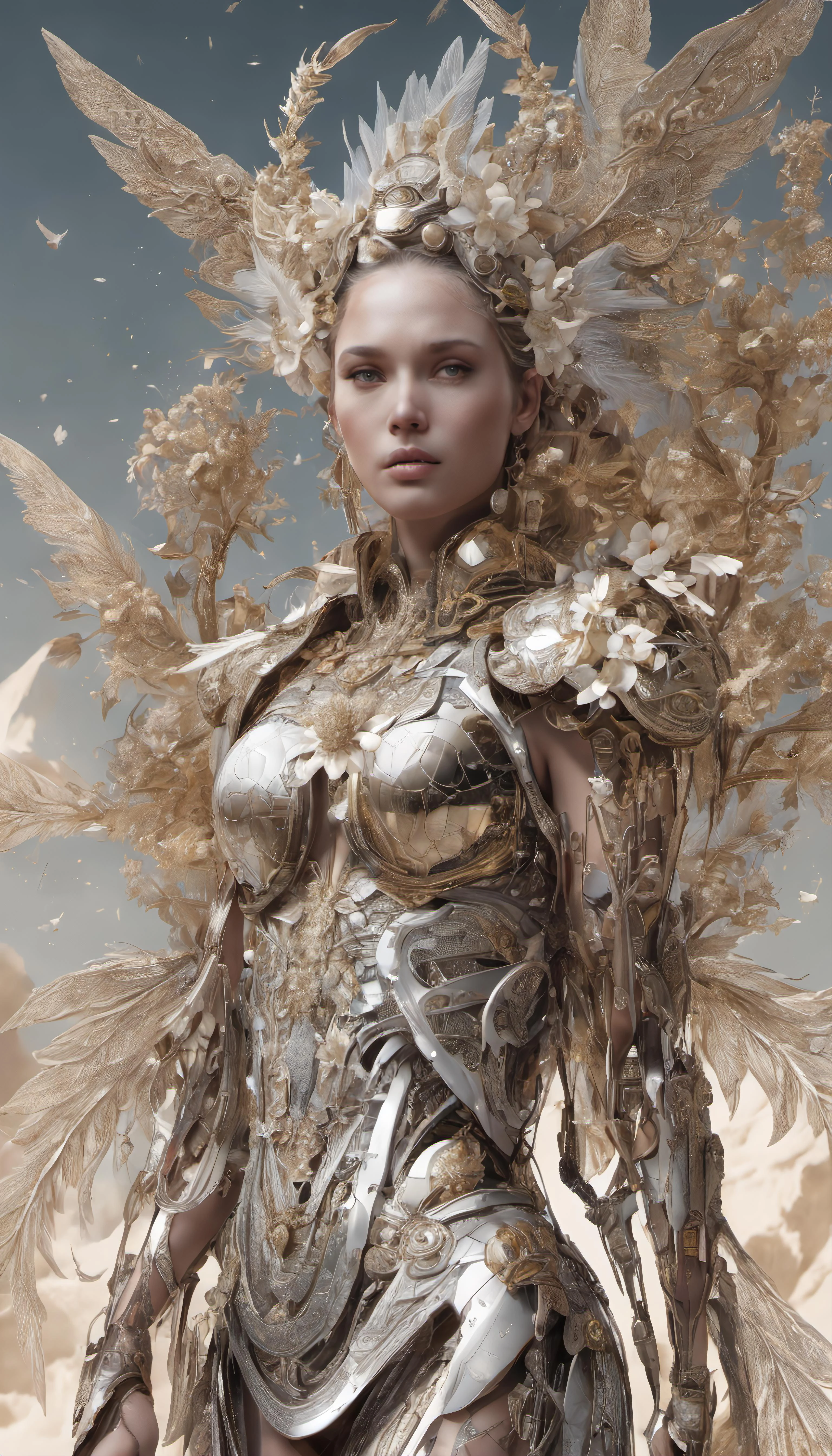 <lora:Nouvis>, Full body Complex 3 d render of a beautiful fascinating biomechanical female cyborg with a porcelain face, analog, beautiful natural light, rim light, 1 5 0 mm lens, aztec warrior, feathers, piercing, aztec tattoos, white blossoms, vanilla leaves and stems, sinuous roots, white blossoms, fine foliage lace, steampunk, silver gold filigree details, alexander mcqueen high fashion haute couture, pearl earring, art nouveau fashion embroidered, hexagonal mesh wire, mandelbrot fractal, facial muscles, cable wires, microchip, elegant, beautiful natural light, studio lights, rim light, highly detailed, hyperrealistic, sharp, octane render, h. r. giger style, volumetric lighting, 8 k post production
, detailed, realistic, 8k uhd, high quality