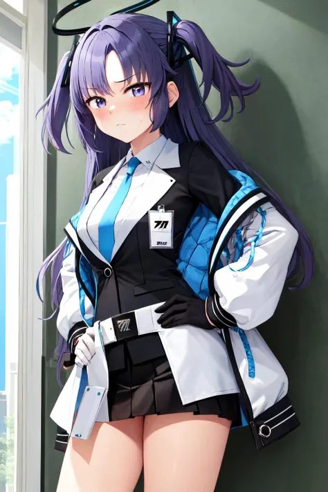 best quality, absurdres, masterpiece, extremely clear, ultra-detailed,
1girl, yuuka, default, white jacket, black jacket, standing, hands on hip, miniskirt, halo, disgust, frown, tsundere, <lora:yuukaV2.3:1.0>