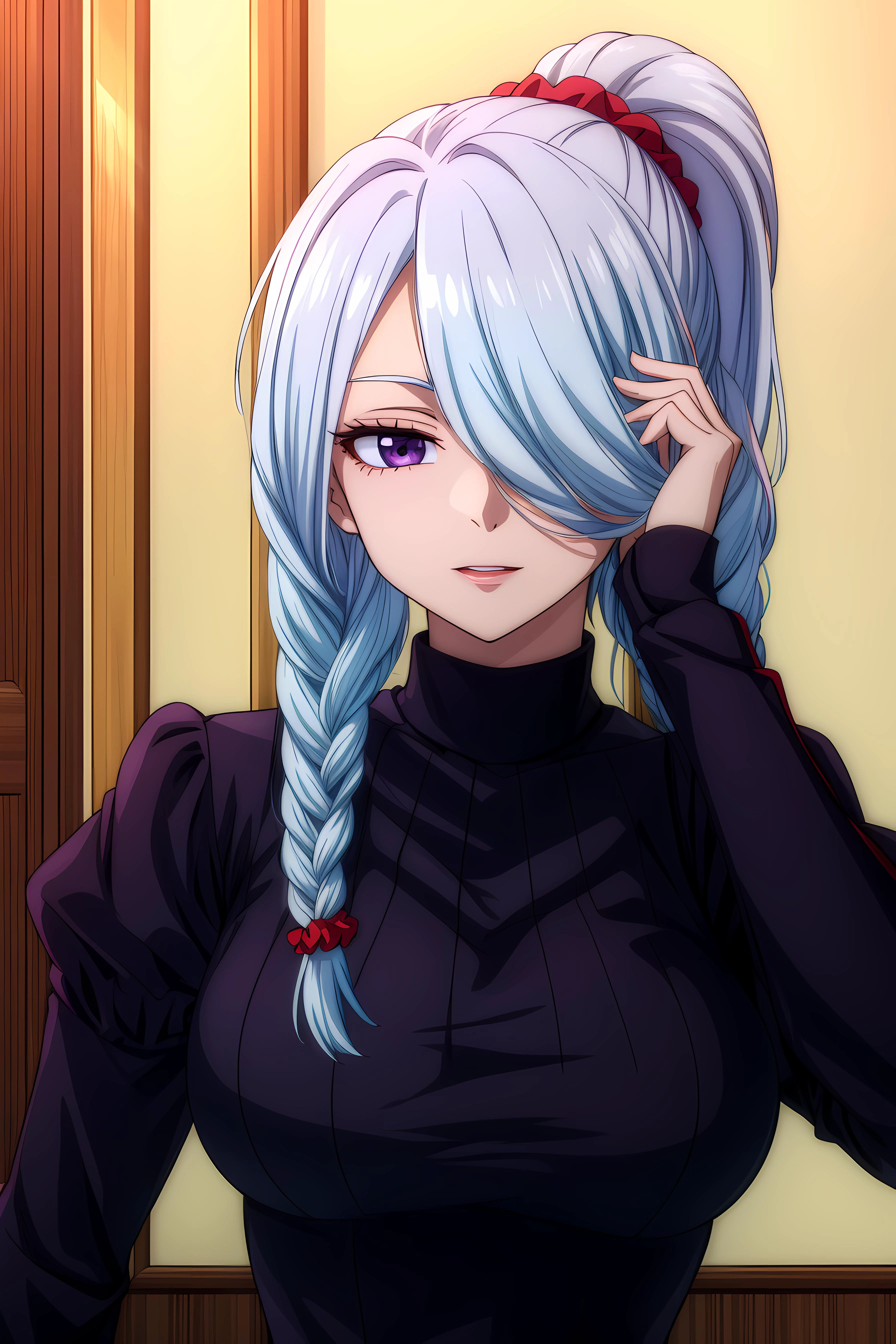 (masterpece:1.3),(best quality:1.3), <lora:meimei-lora-nochekaiser:0.8> mei mei, long hair, very long hair, braid, (hair over one eye:1.5), braided ponytail, one eye covered, braided bangs, (purple eyes:1.1),, mei mei, hair ornament, (purple eyes:1.1), ponytail, scrunchie, hair scrunchie, (parted bangs:1.5), sidelocks, white hair,, long sleeves, dress, puffy sleeves, black dress, juliet sleeves, turtleneck dress,
<lora:add_detail:1>,