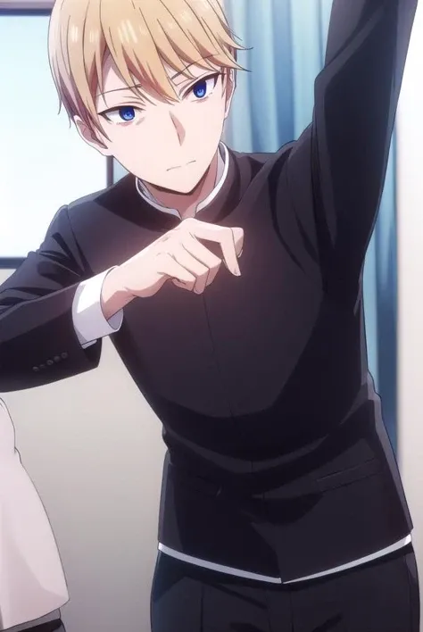 miyukishirogane, <lora:miyuki shirogane s3-lora-nochekaiser:1>,
miyuki shirogane, blonde hair, male focus, blue eyes,
BREAK school uniform, pants, gakuran,
BREAK indoors, classroom,
BREAK looking at viewer, (cowboy shot:1.5),
BREAK <lyco:GoodHands-beta2:1>, (masterpiece:1.2), best quality, high resolution, unity 8k wallpaper, (illustration:0.8), (beautiful detailed eyes:1.6), extremely detailed face, perfect lighting, extremely detailed CG, (perfect hands, perfect anatomy),