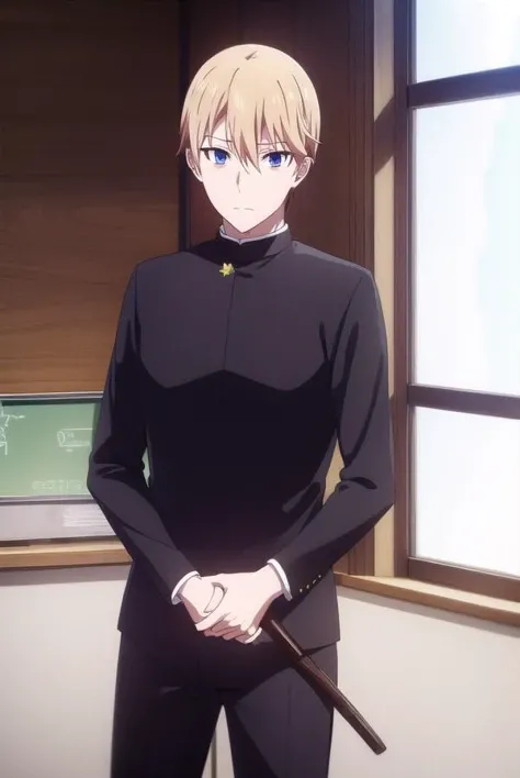 miyukishirogane, <lora:miyuki shirogane s3-lora-nochekaiser:1>,
miyuki shirogane, blonde hair, male focus, blue eyes,
BREAK school uniform, pants, gakuran,
BREAK indoors, classroom,
BREAK looking at viewer, (cowboy shot:1.5),
BREAK <lyco:GoodHands-beta2:1>, (masterpiece:1.2), best quality, high resolution, unity 8k wallpaper, (illustration:0.8), (beautiful detailed eyes:1.6), extremely detailed face, perfect lighting, extremely detailed CG, (perfect hands, perfect anatomy),