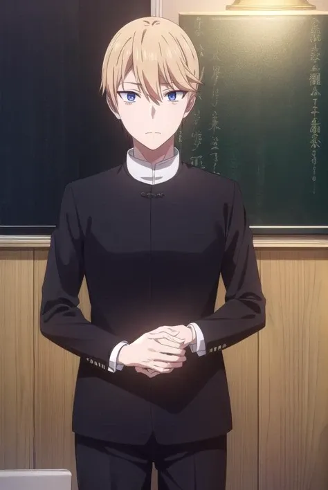 miyukishirogane, <lora:miyuki shirogane s3-lora-nochekaiser:1>,
miyuki shirogane, blonde hair, male focus, blue eyes,
BREAK school uniform, pants, gakuran,
BREAK indoors, classroom,
BREAK looking at viewer, (cowboy shot:1.5),
BREAK <lyco:GoodHands-beta2:1>, (masterpiece:1.2), best quality, high resolution, unity 8k wallpaper, (illustration:0.8), (beautiful detailed eyes:1.6), extremely detailed face, perfect lighting, extremely detailed CG, (perfect hands, perfect anatomy),