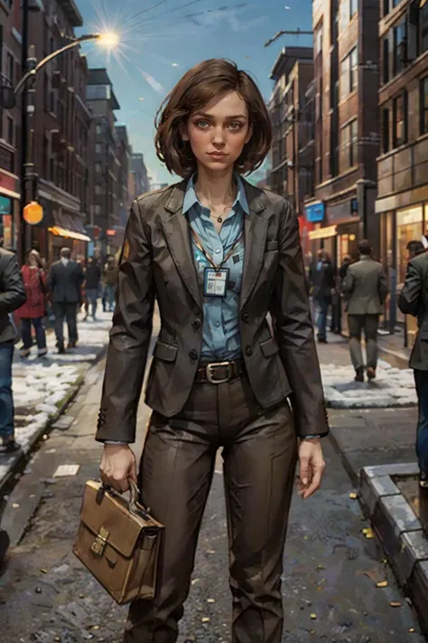 KarenMichelleDaniels, id card,formal clothing, dress shirt,jacket,suit,pants, looking at viewer, serious, smirk, medium shot,
standing, outside, holding a briefcase, blue sky, city, high quality, masterpiece <lora:KarenMichelleDaniels:.7>