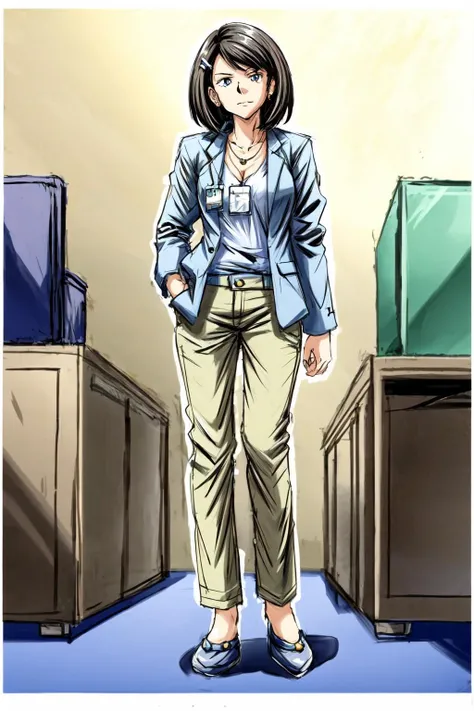 1girl, <lora:KarenMichelleDaniels:0.7>,KarenMichelleDaniels,(solo),full body,facing viewer,straight on,suit,dress shirt,jacket,jewelry,necklace,(id card:1.1),scowling,looking at viewer,hairclip,hair ornament,pants,shoes,indoors,in office,detailed background, <lora:add_detail:1.2>