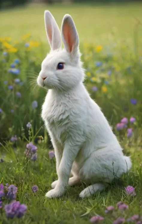 Hyperrealistic photo of a very realistic white rabbit. The rabbit is in a very green meadow. The rabbit is attentive to movement, on alert. (((The rabbit is facing forward, on its hind legs))). The meadow has many flowers. It is day. The light enters between the leaves and gives a contrast of shadows on the animal. Beautiful scene, ultra detailed, hyperrealistic, colorful, distant.,<lora:Extremely_Realistic_XL-00005:0.4>,<lora:details xl:0.4>,<lora:photo real:0.4>