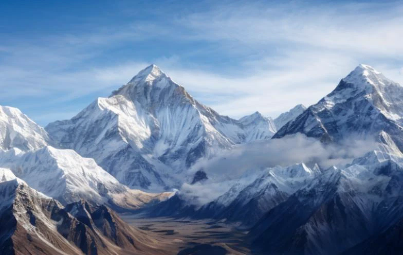 Hyperrealistic photo of the Himalayan mountain range, in the center you can see Mount Everest. The image view is from below. The sky is blue, clear, a very clean sky and daytime. Beautiful scene, ultra detailed, hyperrealistic, colorful, distant.,<lora:Extremely_Realistic_XL-00005:0.400000>,<lora:details xl:0.400000>,<lora:photo real:0.400000>