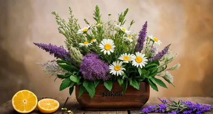 A breathtaking, hyper-realistic composition featuring an artfully arranged montage of lilac, jasmine, lavender, green apple, ginger, cinnamon, mint, fir, lemongrass, chamomile, lemon, and orange, set against a crisp white background. This captivating image is taken using a Nikon D850 DSLR camera, paired with a Nikon AF-S VR Micro-Nikkor 105mm f/2.8G IF-ED lens, known for its exceptional detail reproduction and color fidelity. The camera settings include an aperture of f/11, ISO 200, and a shutter speed of 1/160 sec, capturing the vivid colors and intricate textures of each element in perfect harmony. The composition's exquisite lighting further enhances the visual impact, creating a stunning piece of commercial photography.