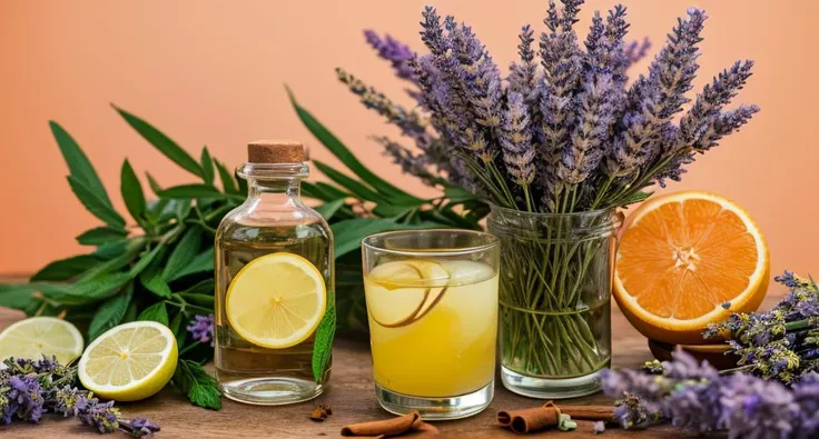 A breathtaking, hyper-realistic composition featuring an artfully arranged montage of lilac, jasmine, lavender, green apple, ginger, cinnamon, mint, fir, lemongrass, chamomile, lemon, and orange, set against a crisp white background. This captivating image is taken using a Nikon D850 DSLR camera, paired with a Nikon AF-S VR Micro-Nikkor 105mm f/2.8G IF-ED lens, known for its exceptional detail reproduction and color fidelity. The camera settings include an aperture of f/11, ISO 200, and a shutter speed of 1/160 sec, capturing the vivid colors and intricate textures of each element in perfect harmony. The composition's exquisite lighting further enhances the visual impact, creating a stunning piece of commercial photography.