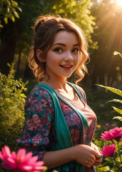 (best picture quality,8K:1.1),highres,true to life,hyperdetail,energetic girl in nature,film lighting,colorful flowers,happy atmosphere,