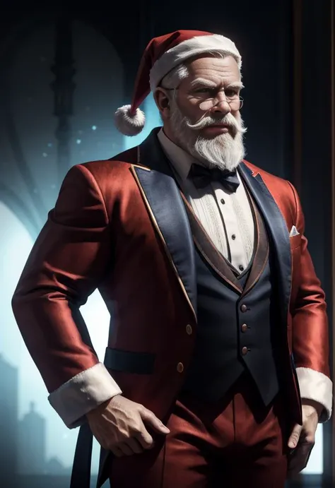 Santa Claus looking like a real gentleman in a lavish and elegant suit, ultra hd, realistic, vivid colors, highly detailed, UHD drawing, pen and ink, perfect composition, beautiful detailed intricate insanely detailed octane render trending on artstation, 8k artistic photography, photorealistic concept art, soft natural volumetric cinematic perfect light