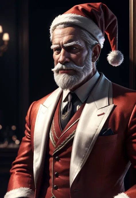 Santa Claus looking like a real gentleman in a lavish and elegant suit, ultra hd, realistic, vivid colors, highly detailed, UHD drawing, pen and ink, perfect composition, beautiful detailed intricate insanely detailed octane render trending on artstation, 8k artistic photography, photorealistic concept art, soft natural volumetric cinematic perfect light