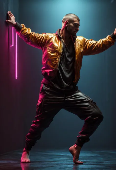 <lora:artfullydance-v1:0.8>,
((masterpiece,dynamic photograph, model photo shoot, absurd res, best quality, detailed, extremely detailed, octane render, 3d, hyperrealism)),
Male,Neon dancer,hip hop modern ballet,icon collection of assets,geometric,vantablack and neon,czech,thug,pale skin,shaved head,stubble,hairy arms,thick thighs,handsome,beautiful eyes,detailed face,normal face,beautiful,<lora:artfullyfeinted-2.0:0.2>, <lora:more_details:1>