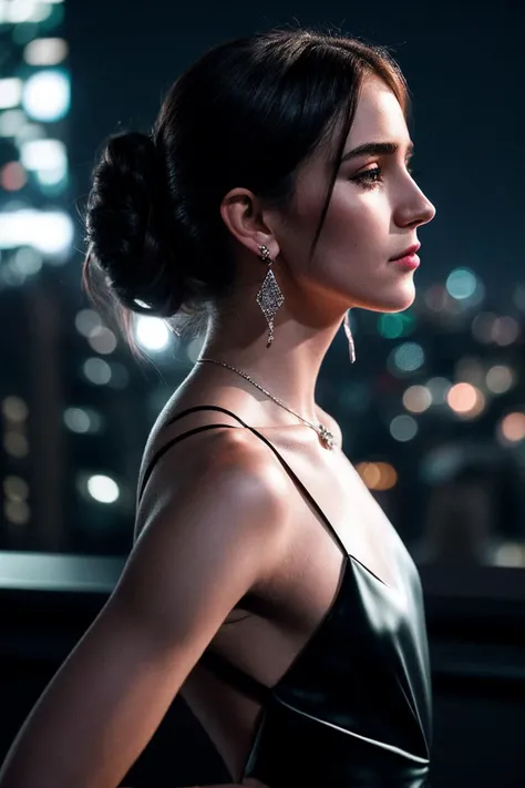 TaliaR_SoloTI_v1,
(In a sleek black satin dress, with sharp diamond earrings, for a cold and unapproachable look), (On a rooftop at midnight, with the city lights glittering below, a stark and isolated ambiance:1.3), (seductive:1.3),(analog, cinematic, film grain, hazy atmosphere, cinematic shot:1.3),
<lora:add_detail:0.5>, PA7_Portrait-MCU,