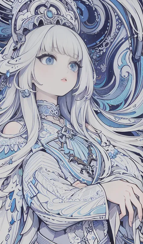 Anime girl with long white hair and blue eyes in a blue dress - SeaArt AI