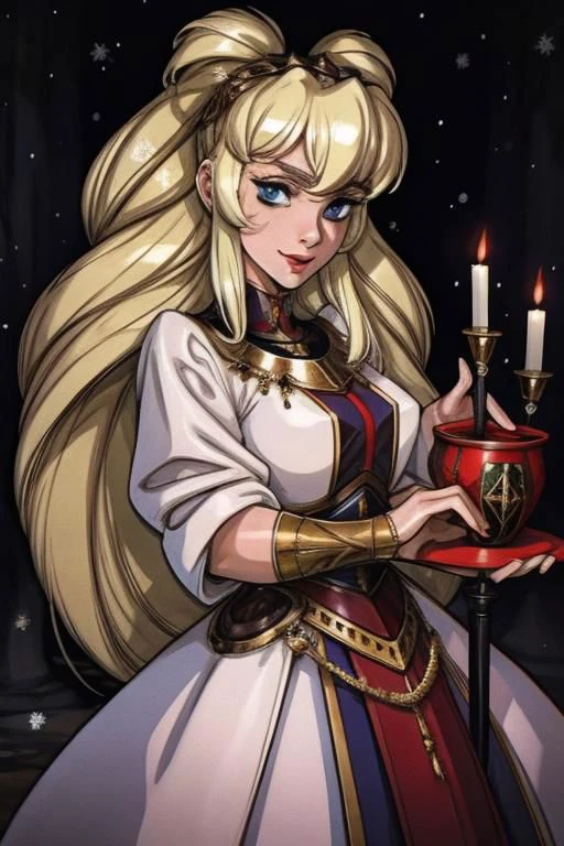 (masterpiece:1.1), (best quality:1.1), 1girl, Real light and shadow, anime face, 4k, 8k, wallpaper,epic, detail texture, blonde hair, (blue eyes:1.5), ((((blond hair:1.35, long hair)))),intricate eyes,beautiful detailed eyes,symmetrical eyes,big eyes:1.5,(((lustrous skin:1.5,bright skin: 1.5,skin tanned,shiny skin,very shiny skin,shiny body,plastic glitter skin,exaggerated shiny skin,illuminated skin))),(detailed body,(detailed face)), cute, erotic,daring, (((medieval man armor,adventurer man armor, ornate spear))),(((intricate outfit,intricate clothes,embroidered outfit,ornate outfit,embroidered clothes,ornate armor))), (dynamic pose:1.0),happy,smile,(centered,scale to fit dimensions,Rule of thirds), ((snowy pine forest at night)), with dark stormy clouds,winter,scenery:1.25,((snow forest background)),Christmas tree, highres,sharp focus,(ultra detailed,extremely detailed),(photorealistic artwork:1.37),(extremely detailed CG unity 8k wallpaper),(((vibrant colors,vibrant theme))),(intricate),(masterpiece),(best quality), holding spear