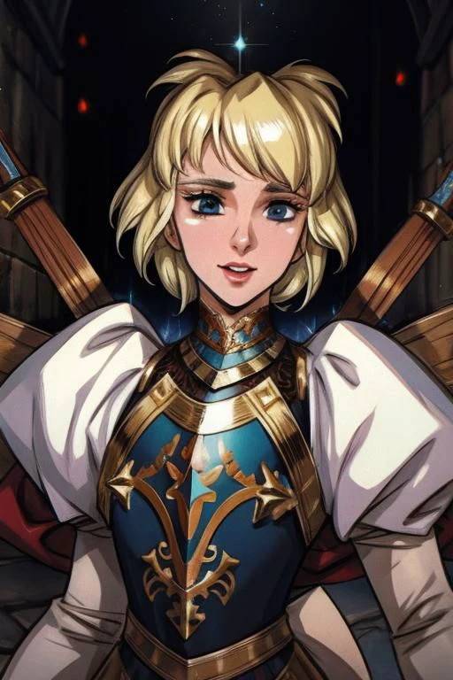 (masterpiece:1.1), (best quality:1.1), 1girl, Real light and shadow, anime face, 4k, 8k, wallpaper,epic, detail texture, blonde hair, (blue eyes:1.5), ((((blond hair:1.35, short hair)))),intricate eyes,beautiful detailed eyes,symmetrical eyes,big eyes:1.5,(((lustrous skin:1.5,bright skin: 1.5,skin tanned,shiny skin,very shiny skin,shiny body,plastic glitter skin,exaggerated shiny skin,illuminated skin))),(detailed body,(detailed face)), cute, erotic,daring, (((medieval man armor,adventurer man armor, ornate sword))),(((intricate outfit,intricate clothes,embroidered outfit,ornate outfit,embroidered clothes,ornate armor))), (dynamic pose:1.0),happy,smile,(centered,scale to fit dimensions,Rule of thirds), ((snowy pine forest at night)), (photorealistic artwork:1.37),(extremely detailed CG unity 8k wallpaper),(((vibrant colors,vibrant theme))),(intricate),(masterpiece),(best quality), holding sword