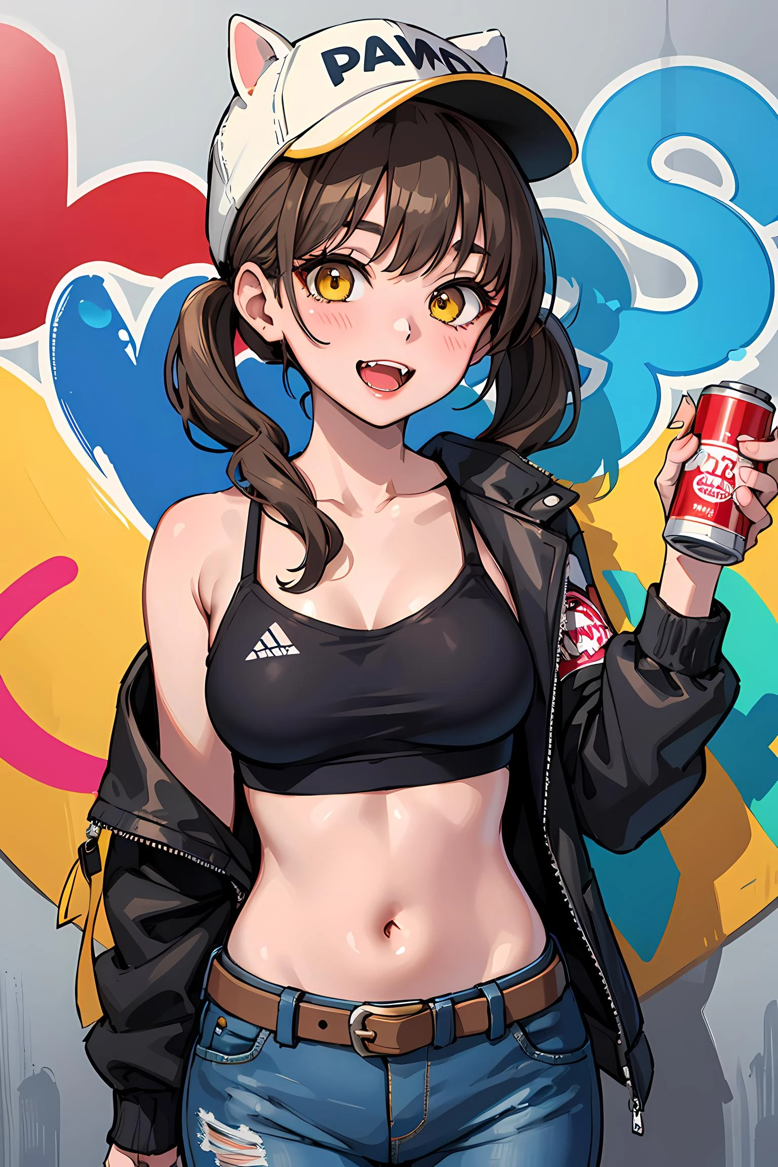 best quality, high resolution, distinct image, concept art, Original Characters, Natural Volumetric Lighting And Best Shadows, Deep Depth Of Field, Sharp Focus, Portrait Of Stunningly Beautiful Petite Girl, Soft Delicate Beautiful Attractive Face With Alluring Yellow Eyes, Lovely Small Breasts, Sharp Eyeliner, Seductive Smiling, Open Mouth With Cute Fangs Out, Windswept Disheveled Brown Hair, Thick Layered Medium Twintail Hairstyles, Blush Eyeshadow With Thick Eyelashes, Parted Lips, Applejack Hat, Oversized Pop-Art Jacket, Slim Waist With Open Cute Navel, Denim Jeans Pants With Buckle Belt, (Messy Painted Body:1.05), (Holding Spray Paint Can:1.1), (Graffiti Murals Wall Background:1.15), (Standing On Narrow City Streets Crossword:1.2), (Highest Quality, Amazing Details:1.4), Masterpiece, Bloom, Picturesque, Brilliant Colorful Paintings