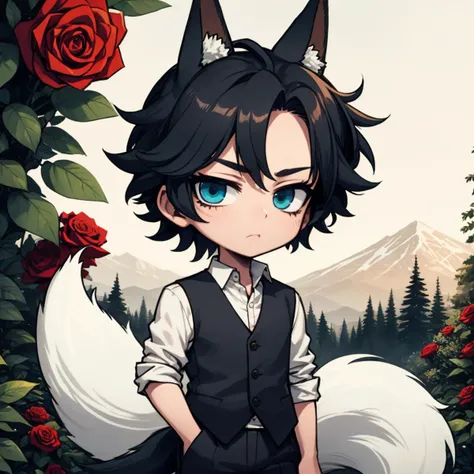 1boy, solo, detailed face, detailed eyes, masculine face, black hair, wild and messy hair, blue eyes, black waistcoat, black blazer, trousers, fox ears, fox tail, rose garden scenery, morning, ink, (sfw), chibi, <lora:Ink scenery:0.8>