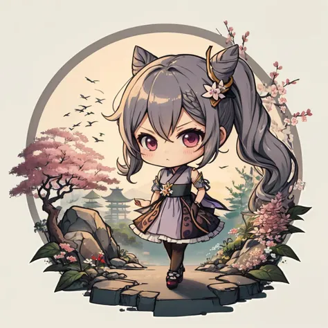 keqingdef, (curtsey:1.3), cherry blossom garden background, (sfw), chibi, ink, <lora:Ink scenery:0.8>, <lora:keqing1:0.8>