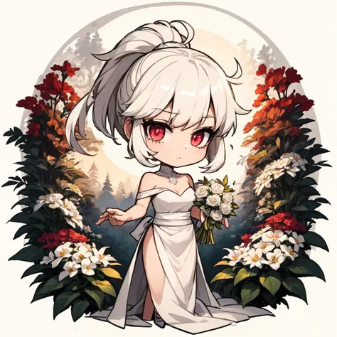 1girl, solo, shining short hair, white hair, wild and messy hair, sidelocks, high ponytail, reddish pink eyes, white floral long wedding gown, garden background, chibi, <lora:Ink scenery:0.8>