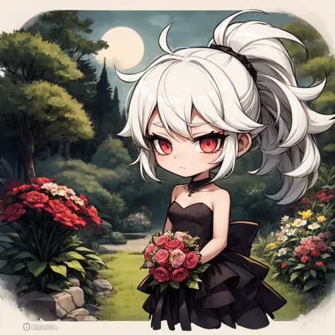 1girl, solo, shining short hair, white hair, wild and messy hair, sidelocks, high ponytail, reddish pink eyes, black floral long wedding gown, garden background, chibi, <lora:Ink scenery:0.8>, <lora:add_detail:0.5>