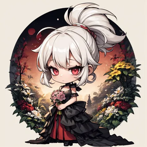 1girl, solo, shining short hair, white hair, wild and messy hair, sidelocks, high ponytail, reddish pink eyes, black floral long wedding gown, garden background, chibi, <lora:Ink scenery:0.8>, <lora:add_detail:0.5>