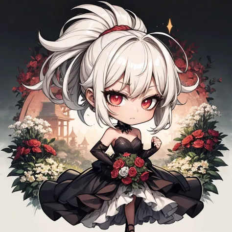 1girl, solo, shining short hair, white hair, wild and messy hair, sidelocks, high ponytail, reddish pink eyes, black floral long wedding gown, garden background, chibi, <lora:Ink scenery:0.8>, <lora:add_detail:0.5>