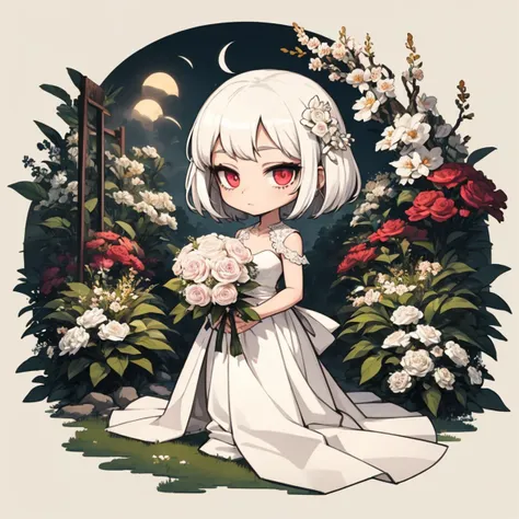 1girl, solo, shining short hair, white hair, reddish pink eyes, white floral long wedding gown, garden background, chibi, <lora:Ink scenery:0.8>