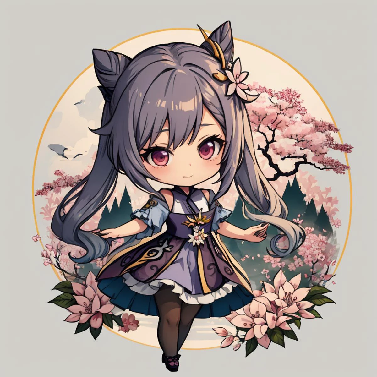 keqingdef, (curtsey:1.3), cherry blossom garden background, (sfw), chibi, ink, <lora:Ink scenery:0.8>, <lora:keqing1:0.8>