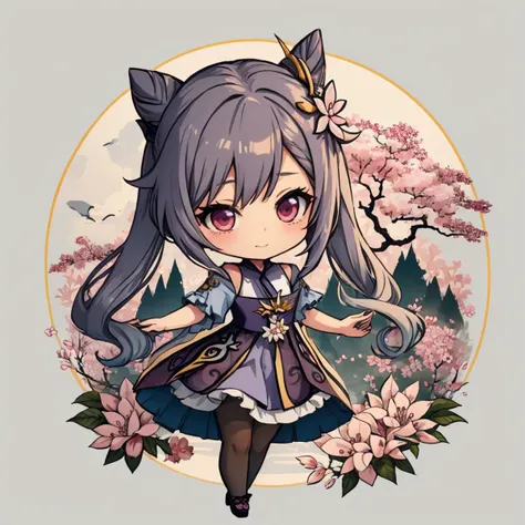 keqingdef, (curtsey:1.3), cherry blossom garden background, (sfw), chibi, ink, <lora:Ink scenery:0.8>, <lora:keqing1:0.8>