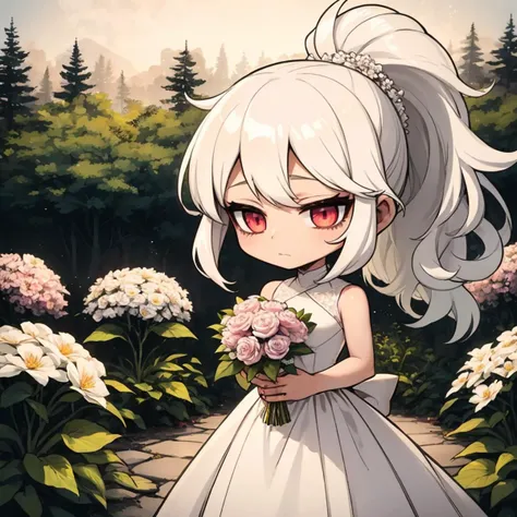 1girl, solo, shining short hair, white hair, wild and messy hair, sidelocks, high ponytail, reddish pink eyes, white floral long wedding gown, garden background, chibi, <lora:Ink scenery:0.8>