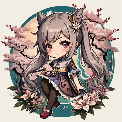 keqingdef, (curtsey:1.3), cherry blossom garden background, (sfw), chibi, ink, <lora:Ink scenery:0.8>, <lora:keqing1:0.8>